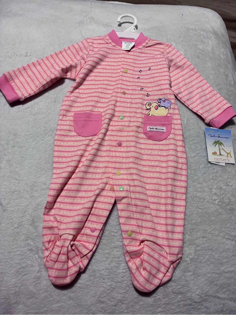Vintage Carters x John Lennon BNWT Pink Striped Baby One-Piece Footed Romper